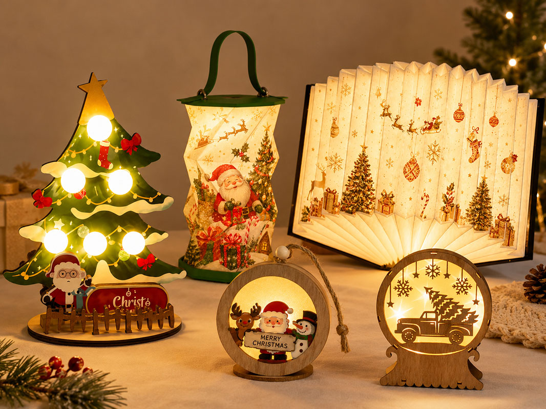 Christmas Decorations, wooden light-up decorations